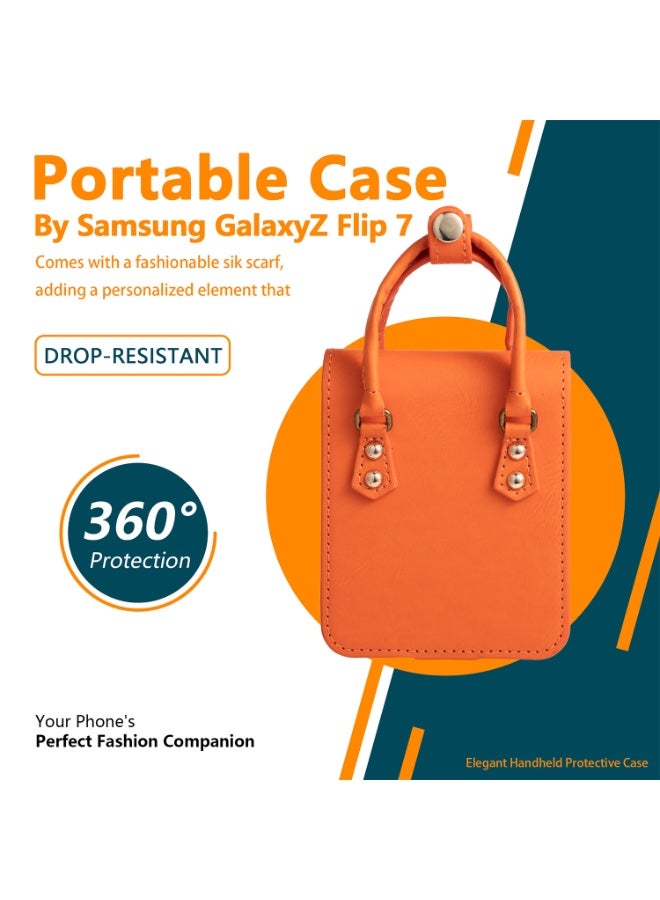 XIMAND حافظة Ximand لهاتف Samsung Galaxy Z Flip 7، حافظة جلدية لطيفة على شكل محفظة بمقبض يدوي، غطاء واقي بأسلوب الحقيبة الصغيرة مع وشاح حريري وفتحة بطاقة – برتقالي - Image 2