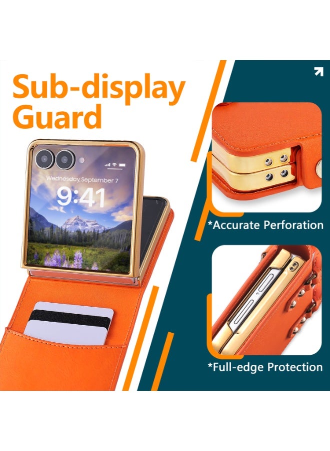 XIMAND حافظة Ximand لهاتف Samsung Galaxy Z Flip 7، حافظة جلدية لطيفة على شكل محفظة بمقبض يدوي، غطاء واقي بأسلوب الحقيبة الصغيرة مع وشاح حريري وفتحة بطاقة – برتقالي - Image 4
