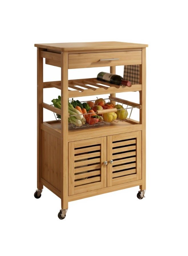 كادي ون عربة مطبخ خشبية متعددة الوظائف مع درج علوي و رف تخزين، حامل تخزين للمطبخ  مزود بحامل زجاجات و سلة خضار و فواكه و خزانة سفلية مع عجلات ، رف تنظيم المطبخ - Image 2