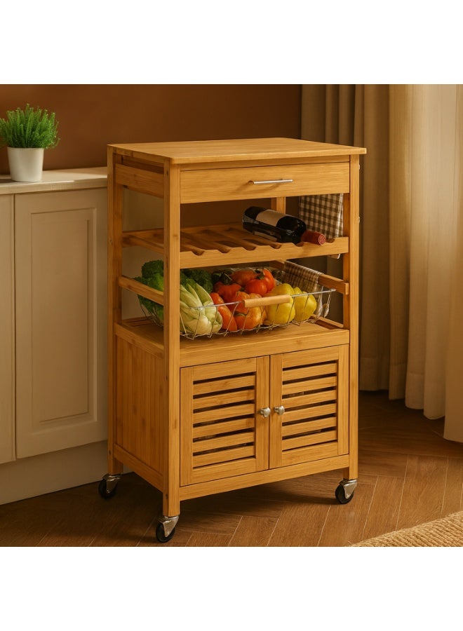 كادي ون عربة مطبخ خشبية متعددة الوظائف مع درج علوي و رف تخزين، حامل تخزين للمطبخ  مزود بحامل زجاجات و سلة خضار و فواكه و خزانة سفلية مع عجلات ، رف تنظيم المطبخ - Image 1