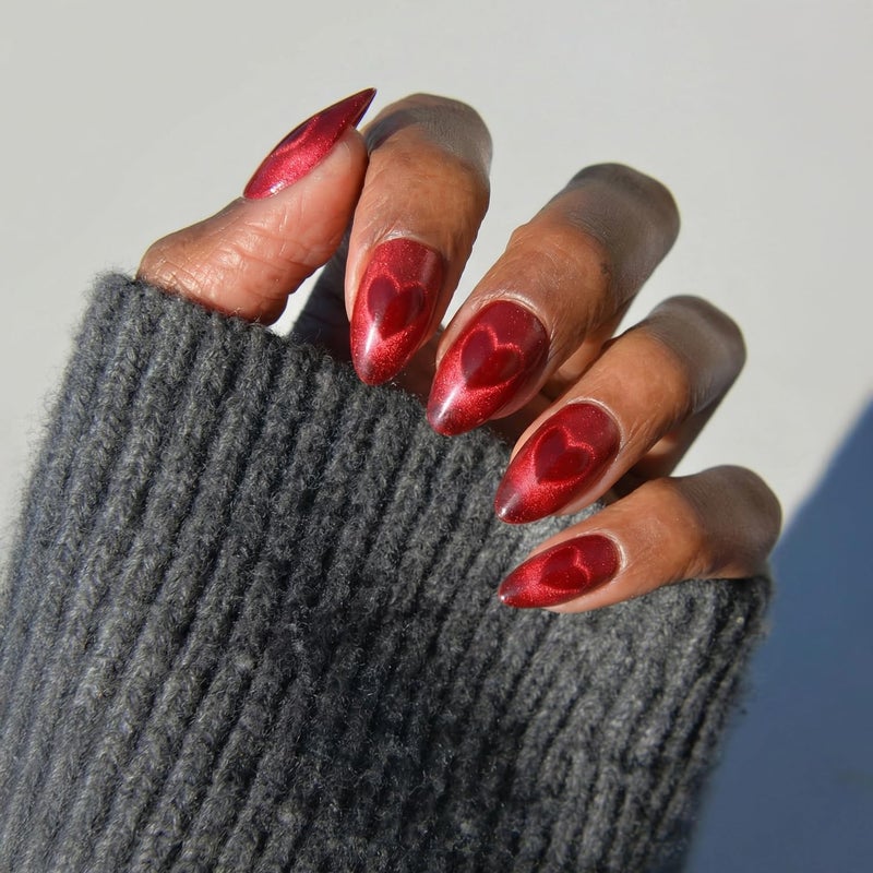 Glamnetic Press On Nails Sent With Love Short Almond Fake Nails in Bright Red with CatEye Magnetic Heart Designs in a Velvet Finish 15 Sizes 30 Nail Kit with Glue - Image 2