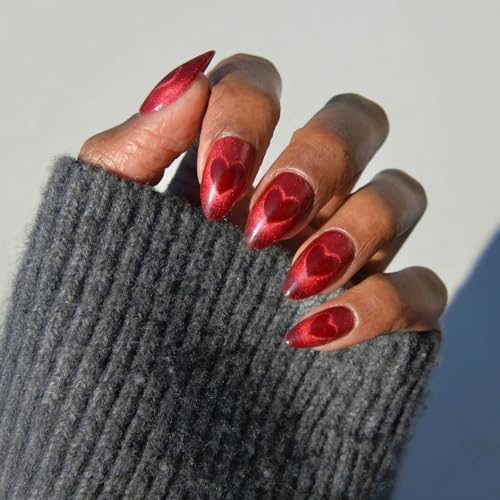 Glamnetic Press On Nails Sent With Love Short Almond Fake Nails in Bright Red with CatEye Magnetic Heart Designs in a Velvet Finish 15 Sizes 30 Nail Kit with Glue - Image 1