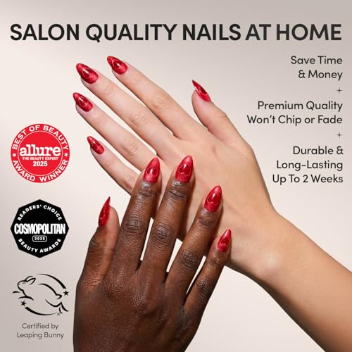 Glamnetic Press On Nails Sent With Love Short Almond Fake Nails in Bright Red with CatEye Magnetic Heart Designs in a Velvet Finish 15 Sizes 30 Nail Kit with Glue - Image 3