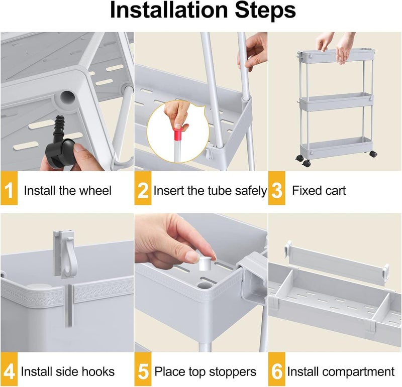 SPACELEAD Slim Storage Cart 4 Tier,Bathroom Storage Organizer Rolling Utility Cart, Mobile Shelving Unit Slide Out Storage Cart for Office, Bathroom, Kitchen, Laundry Room & Narrow Places， Grey - Image 5