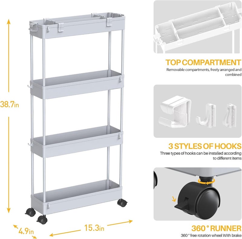 SPACELEAD Slim Storage Cart 4 Tier,Bathroom Storage Organizer Rolling Utility Cart, Mobile Shelving Unit Slide Out Storage Cart for Office, Bathroom, Kitchen, Laundry Room & Narrow Places， Grey - Image 4