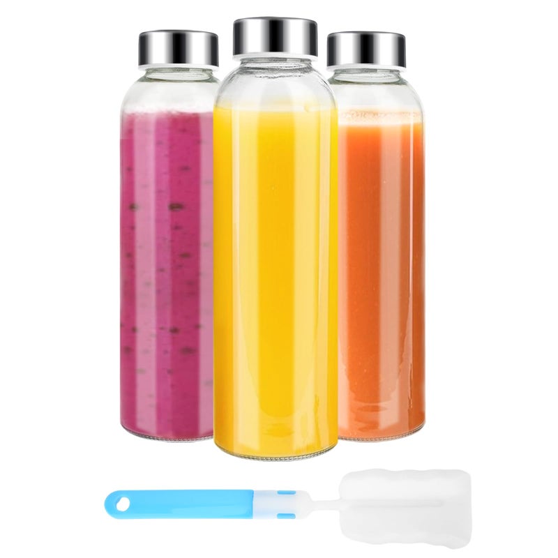 Luxfuel Clear Glass Bottles with Lids 18 oz Reusable Glass Water Bottles with Stainless Steel Cap for Juicing Refrigerator100 Leak Proof BPA Free Set of 3