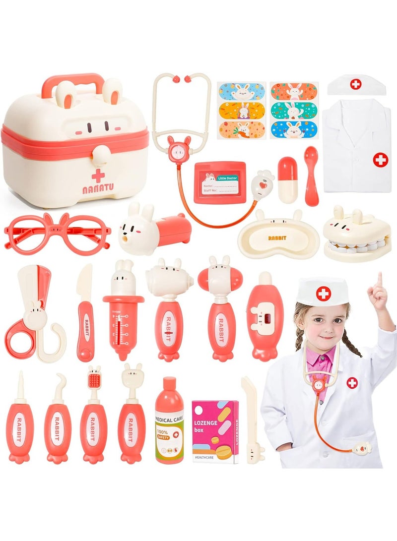 مجموعة ألعاب الطبيب للأطفال 26 قطعة طقم طبيب الأسنان مجموعة لعب الأدوار مجموعة التظاهر اللعب طقم طبي فستان وردي طقم الطبيب - Image 1