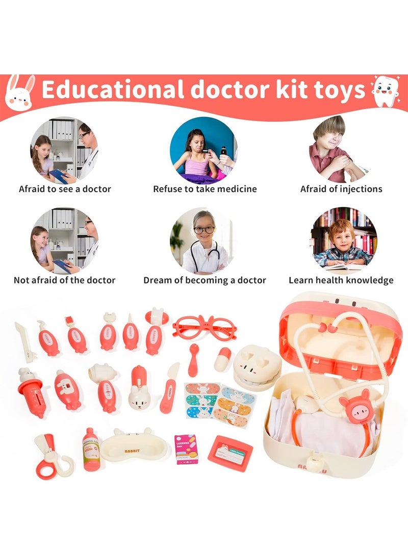 مجموعة ألعاب الطبيب للأطفال 26 قطعة طقم طبيب الأسنان مجموعة لعب الأدوار مجموعة التظاهر اللعب طقم طبي فستان وردي طقم الطبيب - Image 3