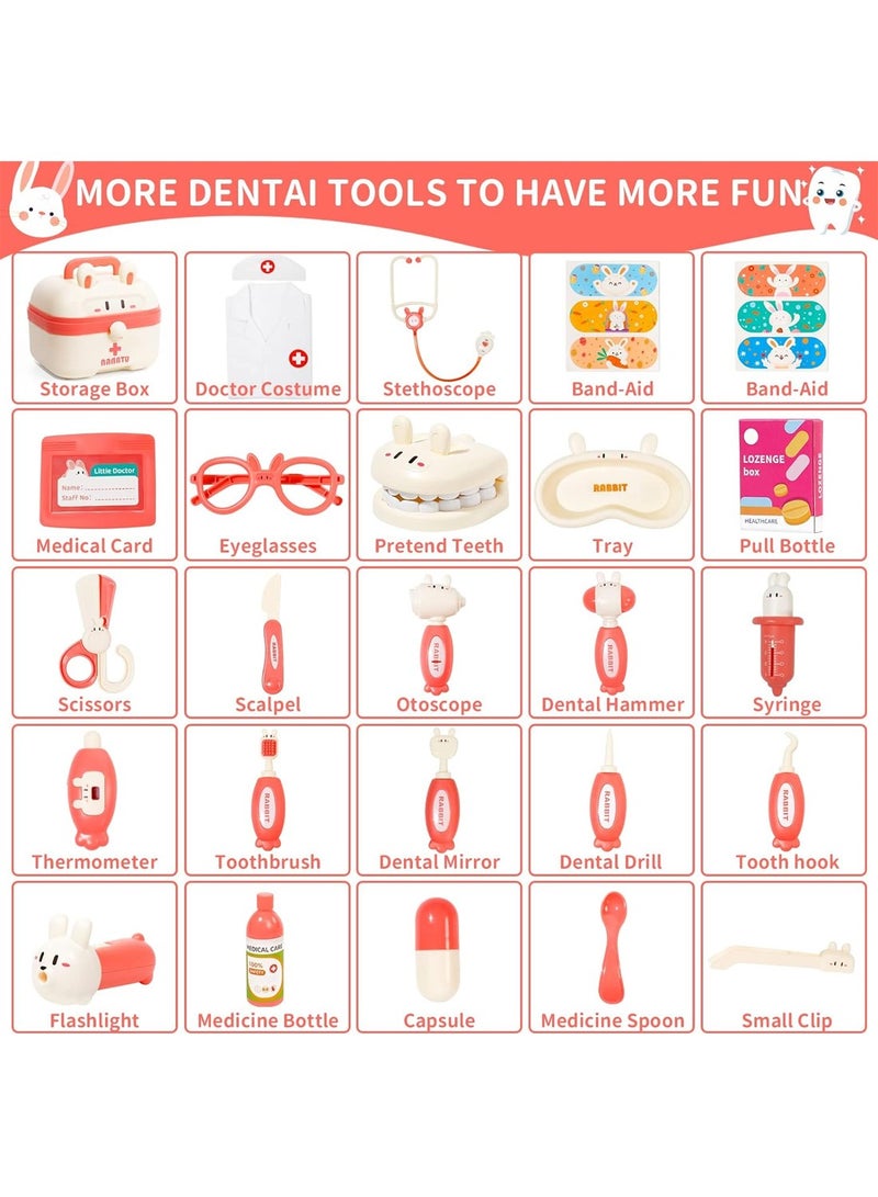 مجموعة ألعاب الطبيب للأطفال 26 قطعة طقم طبيب الأسنان مجموعة لعب الأدوار مجموعة التظاهر اللعب طقم طبي فستان وردي طقم الطبيب - Image 5