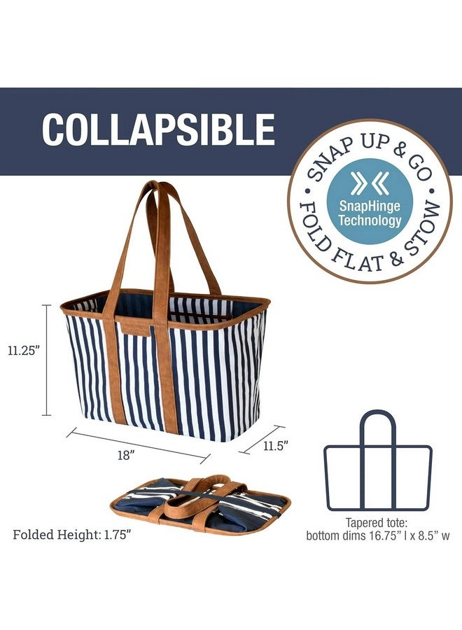 CleverMade Collapsible LUXE Tote - Navy Striped 1 Pack 30L / 8 Gal - Reusable Grocery Shopping Storage Bag Organizer w/ Handles Reinforced Bottom - Image 2