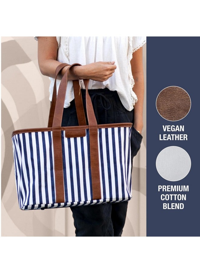 CleverMade Collapsible LUXE Tote - Navy Striped 1 Pack 30L / 8 Gal - Reusable Grocery Shopping Storage Bag Organizer w/ Handles Reinforced Bottom - Image 3