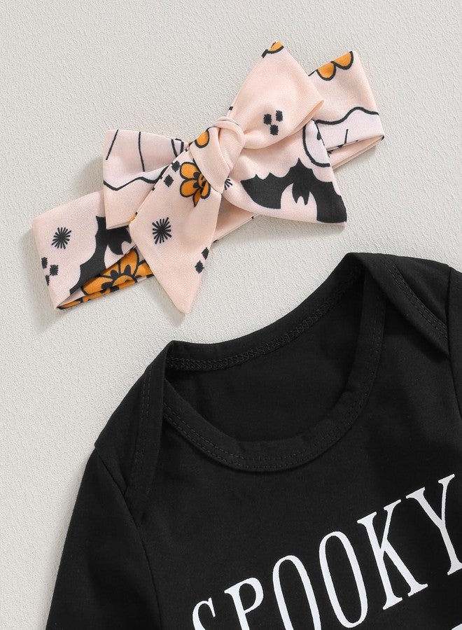 fhutpw Newborn Baby Girl Halloween Clothes Long Sleeve Romper Tops Pumpkin Bell-Bottom Pants Headband Infant Fall Outfits (A- Black Spooky Season, 3-6 Months) - Image 3