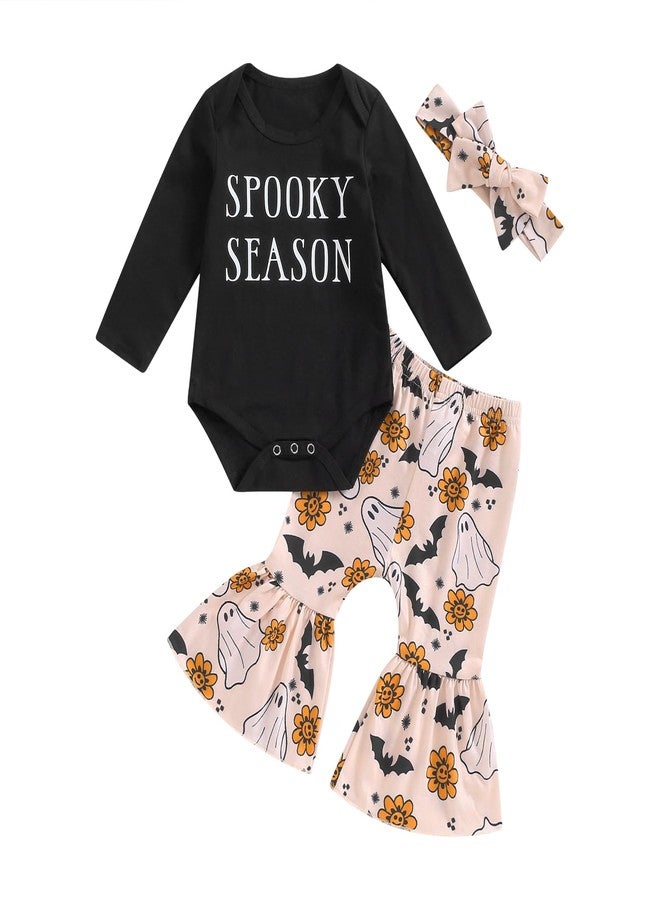 fhutpw Newborn Baby Girl Halloween Clothes Long Sleeve Romper Tops Pumpkin Bell-Bottom Pants Headband Infant Fall Outfits (A- Black Spooky Season, 3-6 Months) - Image 1