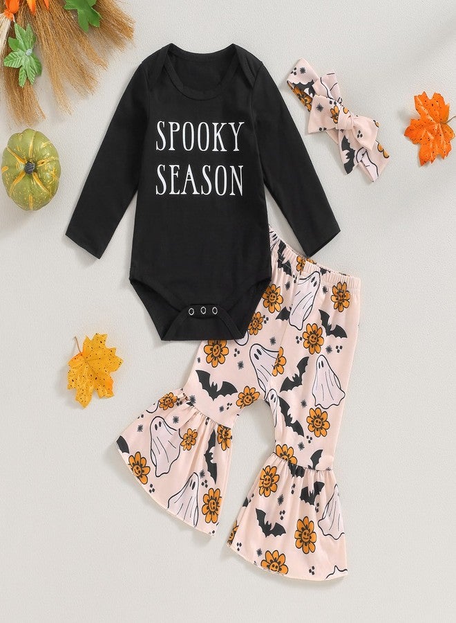 fhutpw Newborn Baby Girl Halloween Clothes Long Sleeve Romper Tops Pumpkin Bell-Bottom Pants Headband Infant Fall Outfits (A- Black Spooky Season, 3-6 Months) - Image 2