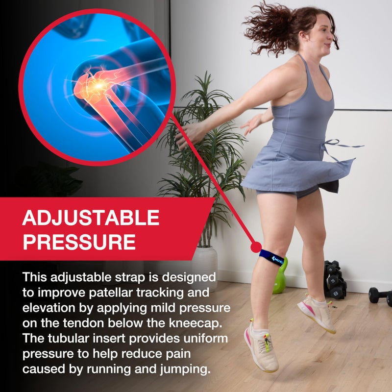 MUELLER Sports Medicine Jumper's Knee Single Strap for Men and Women, Knee Compression and Pain Relief Support, Ideal for Osgood-Schlatter's, Patellar Tendinitis, Blue, One Size - Image 3