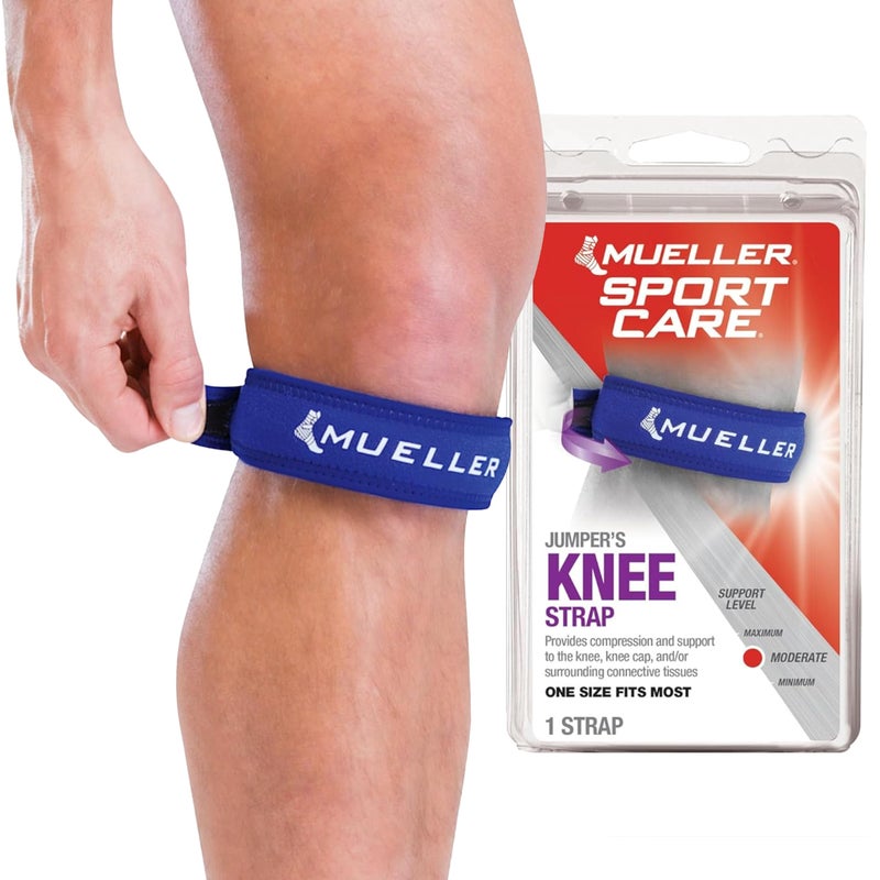 MUELLER Sports Medicine Jumper's Knee Single Strap for Men and Women, Knee Compression and Pain Relief Support, Ideal for Osgood-Schlatter's, Patellar Tendinitis, Blue, One Size - Image 1