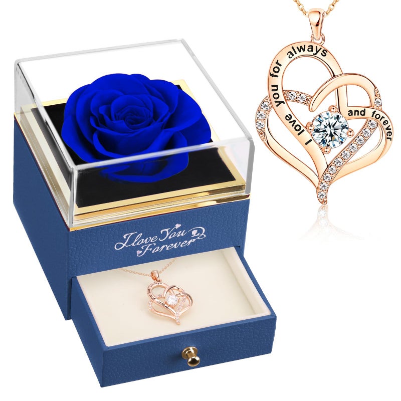 WILDLOVE Forever Real Rose with Heart Necklace Preserved Flowers Gifts for Mom Wife and Girlfriend on Christmas Valentines Day Mothers Day Birthday for Women Her  Blue