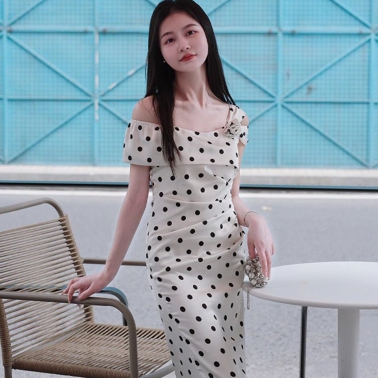 French Style Polka Dot Dress, High Waist, A-Line Maxi Dress - Image 5