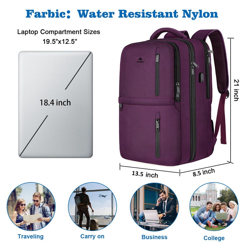 MATEIN Large 45L Travel Backpack for Women, Airline Approved Carry on Backpack with USB Port & Shoe Compartment, Water Resistant Luggage College Overnight Weekender Travel Bag Fit 18" Laptop, Purple - Image 2