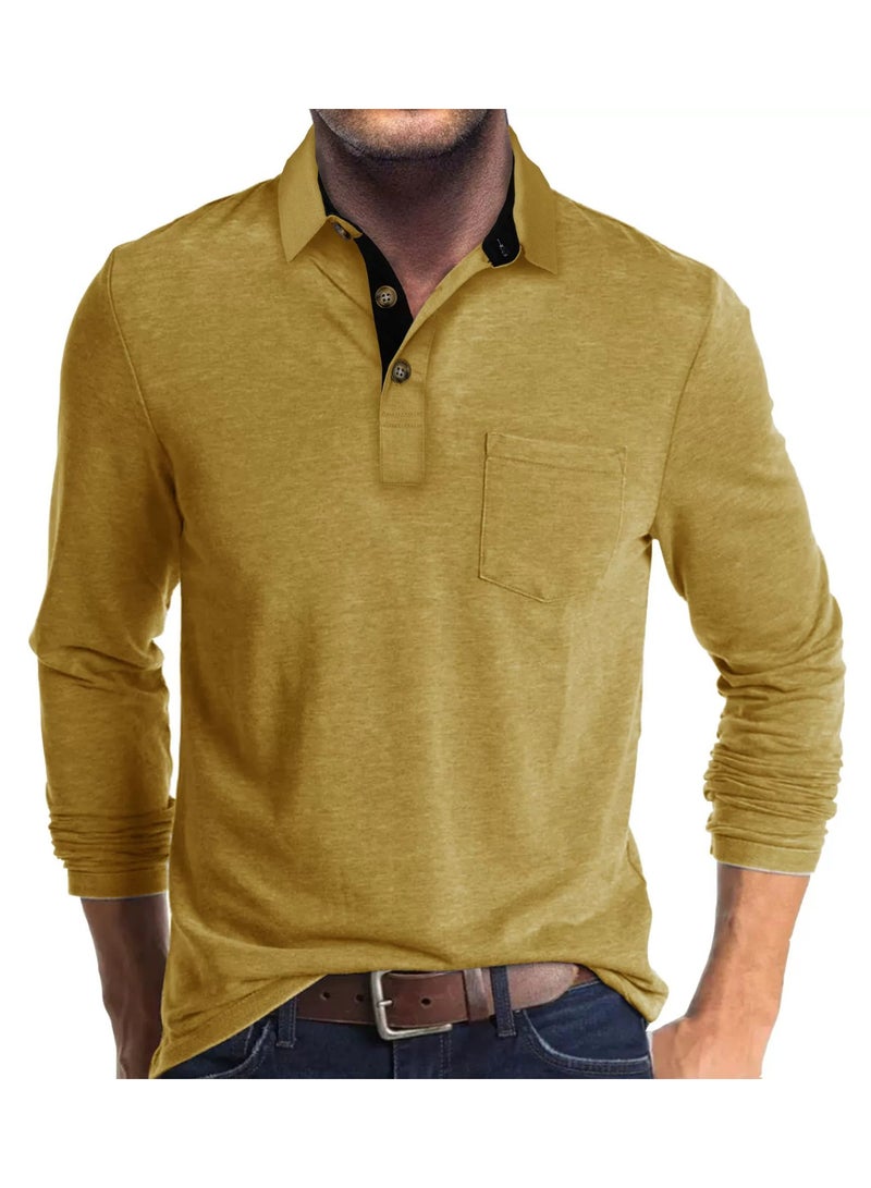 general Men's Casual Polo Shirts Classic Button Basic Long Sleeve Shirt Solid Color Cotton Tees Stylish Tops - Image 1