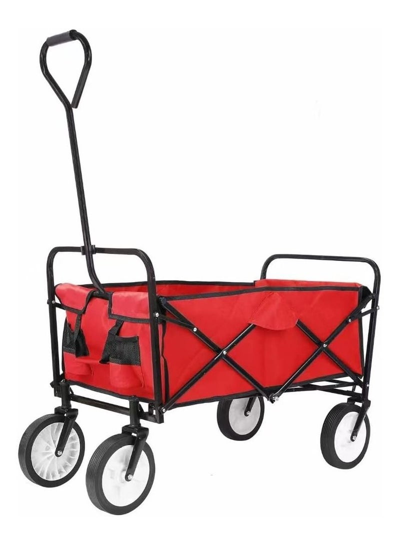 Rubik Folding Camping Picnic Trolley Cart with 4 Wheels and 70kg Load Capacity - Foldable Utility Garden Hand Push Wagon Dolly for Shopping Outdoor (Red) - Image 1