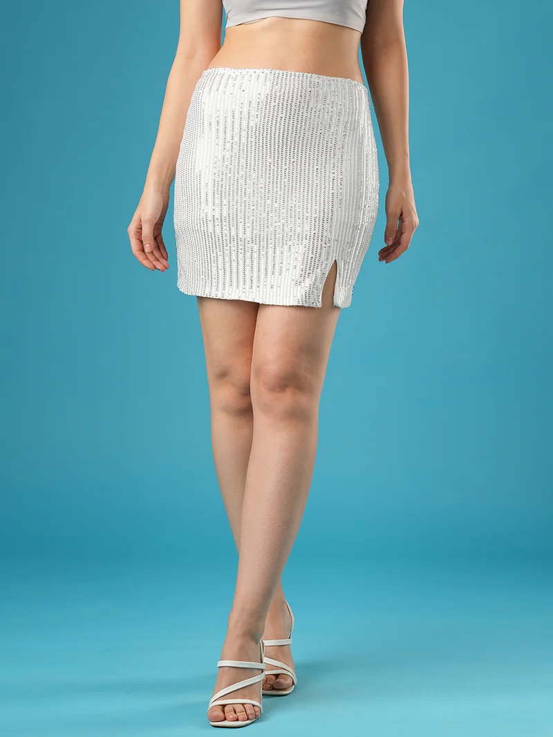 جلو باص Globus Women Sequinned Stripes Side Slit Mini Pencil Skirt
