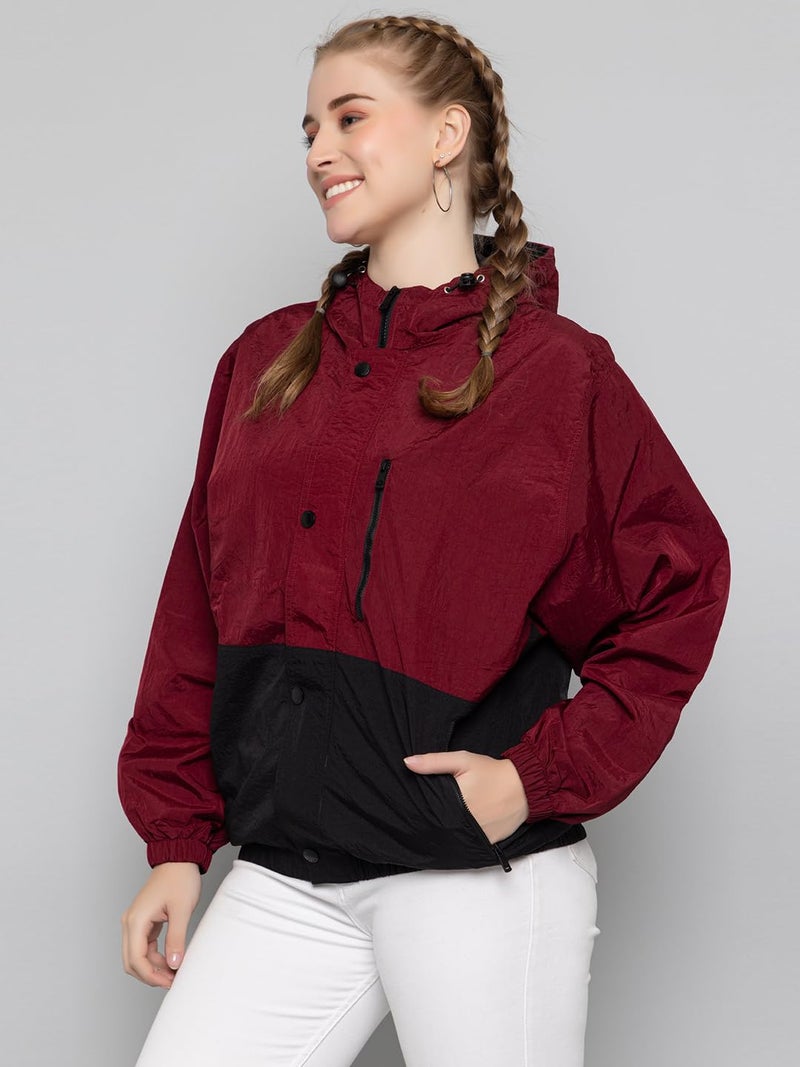 CHKOKKO Womens Stylish Oversized Windcheater Jacket with Zip Closure Lightweight Sportswear for Running Travel Hiking Outdoor and Rainy Season Wear WineBlack S - Image 4