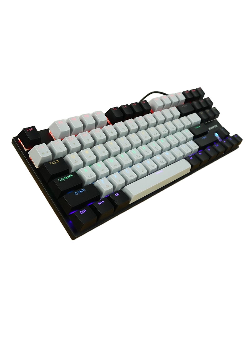 XUNFOX English Arabic Mechanical Gaming Keyboard with RGB Backlit, USB Wired 87 Keys Blue Switch Keyboard for Windows PC Gamers Grey Black - Image 3
