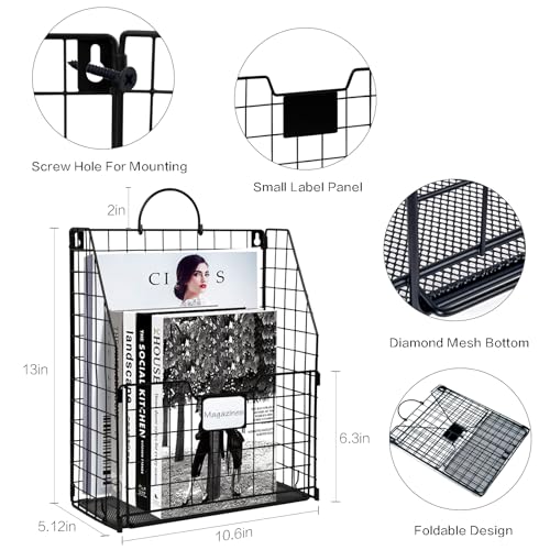 DILIBRA 4 Packs Hanging Wall File Organizer, Foldable Wall Magazine File Holder with Handle and Tag Slot, Metal Wall Mounted Mail Organizer Rack Folder Holder for Document Office Door Home Black - Image 3