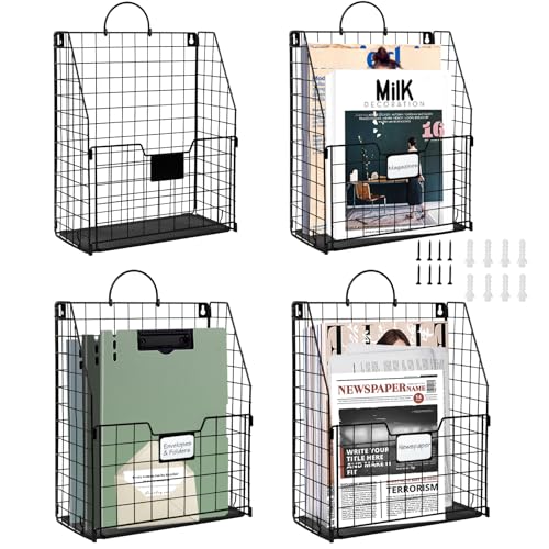 DILIBRA 4 Packs Hanging Wall File Organizer, Foldable Wall Magazine File Holder with Handle and Tag Slot, Metal Wall Mounted Mail Organizer Rack Folder Holder for Document Office Door Home Black - Image 1