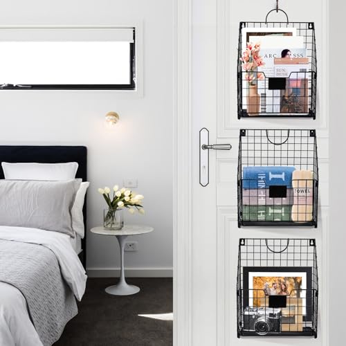 DILIBRA 4 Packs Hanging Wall File Organizer, Foldable Wall Magazine File Holder with Handle and Tag Slot, Metal Wall Mounted Mail Organizer Rack Folder Holder for Document Office Door Home Black - Image 5
