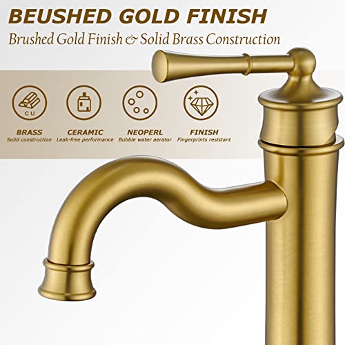 WINKEAR Vessel Sink Faucet Brushed Gold Bathroom Tall Faucet Single Hole Deck-Mount Pop up Drain Assembly Without Overflow Water Supply Lines Included - Image 4