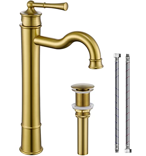 WINKEAR Vessel Sink Faucet Brushed Gold Bathroom Tall Faucet Single Hole Deck-Mount Pop up Drain Assembly Without Overflow Water Supply Lines Included - Image 1