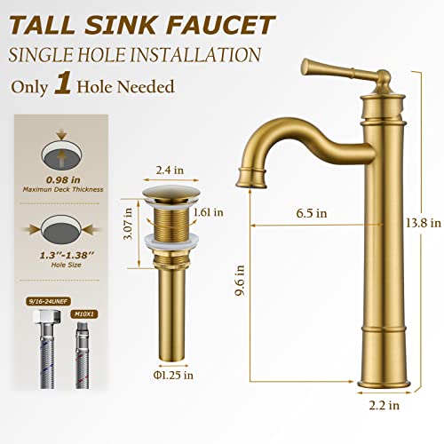 WINKEAR Vessel Sink Faucet Brushed Gold Bathroom Tall Faucet Single Hole Deck-Mount Pop up Drain Assembly Without Overflow Water Supply Lines Included - Image 5