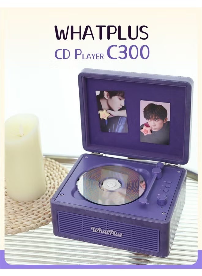وات بلس مشغل أقراص مضغوطة WhatPlus C300؛ مشغل أقراص مضغوطة جلدي قابل لإعادة الشحن مع مكبرات صوت؛ جهاز إرسال بلوتوث؛ هدية احتفالية؛ مشغل موسيقى خلفية للديكور المنزلي - Image 1