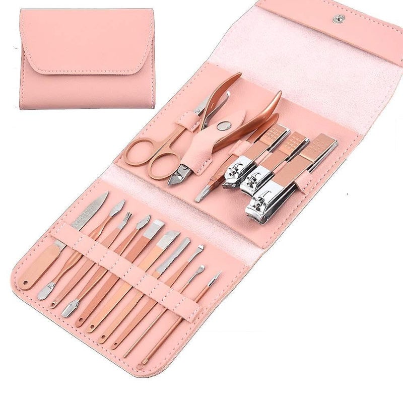 RGKJAS RGKJAS 16in1 Stainless Steel Professional Manicure Pedicure Kit with Nail Clippers Scissors Acne Remover Needle  Luxury Leather Case  Grooming Set for Men  Women Peach - Image 1