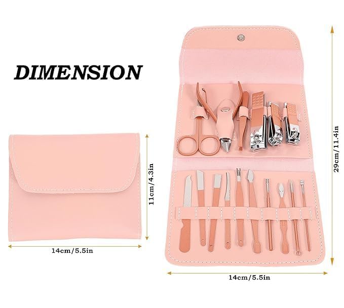 RGKJAS RGKJAS 16in1 Stainless Steel Professional Manicure Pedicure Kit with Nail Clippers Scissors Acne Remover Needle  Luxury Leather Case  Grooming Set for Men  Women Peach - Image 2