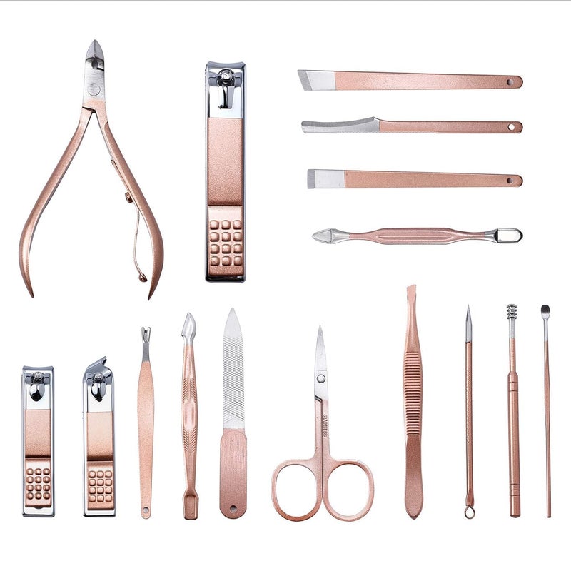 RGKJAS RGKJAS 16in1 Stainless Steel Professional Manicure Pedicure Kit with Nail Clippers Scissors Acne Remover Needle  Luxury Leather Case  Grooming Set for Men  Women Peach - Image 4