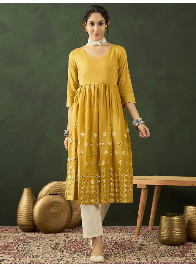 AKS Embellished Mirror Work V-Neck Anarkali Cotton Kurta
