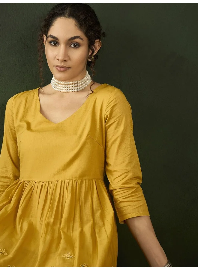 AKS Embellished Mirror Work V-Neck Anarkali Cotton Kurta