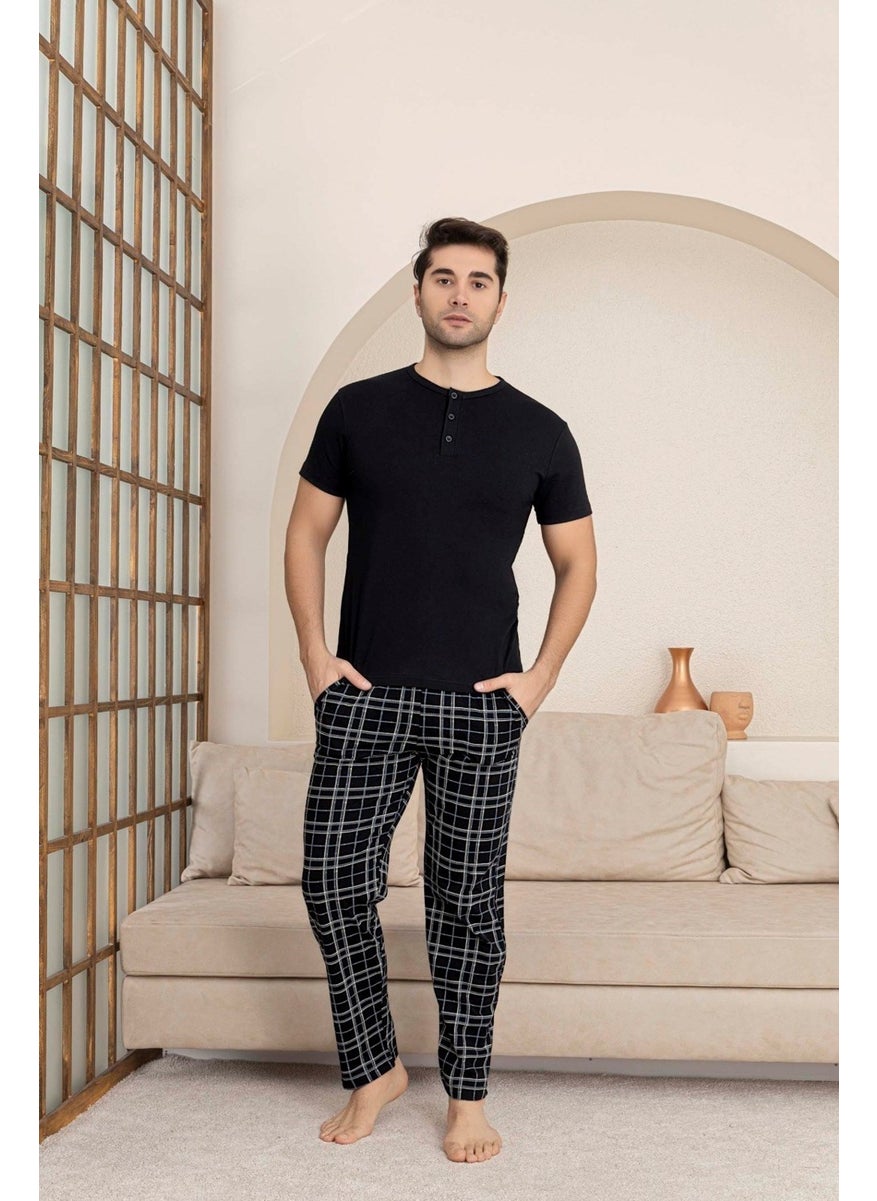 Bie's Men's Plaid Pattern 3 Buttoned Crew Neck Modal Summer Short Sleeve Pocket Pajama Set  - Image 1