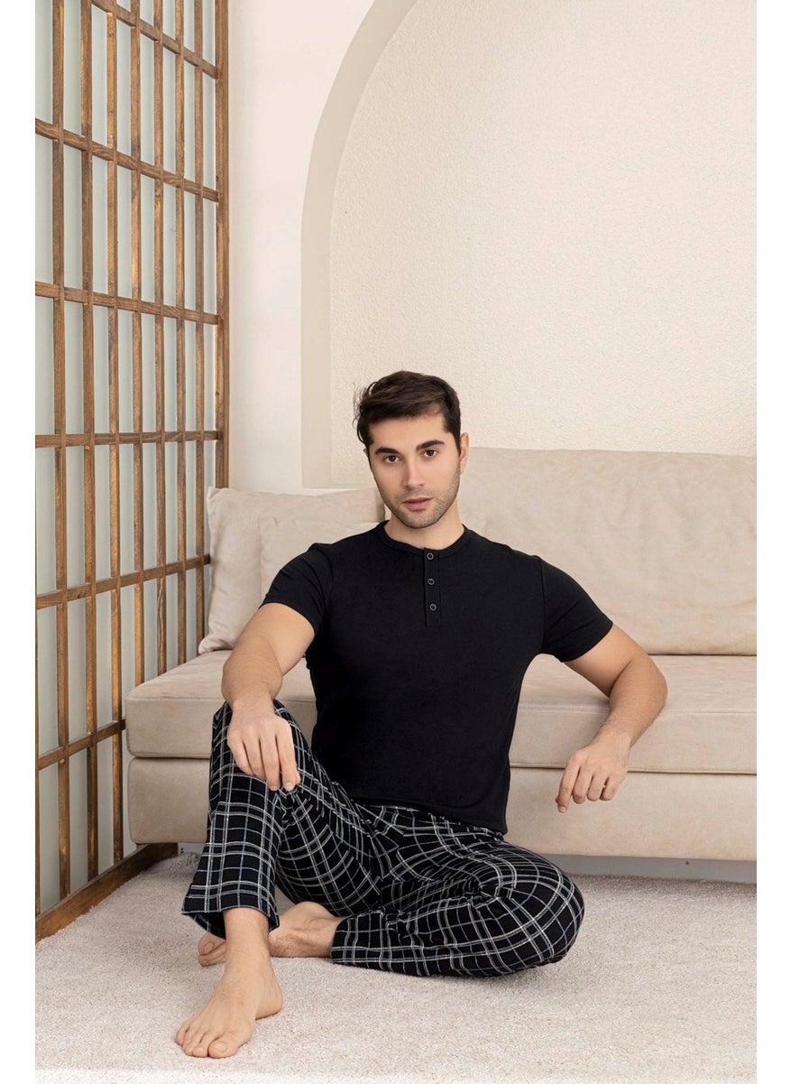 Bie's Men's Plaid Pattern 3 Buttoned Crew Neck Modal Summer Short Sleeve Pocket Pajama Set  - Image 2