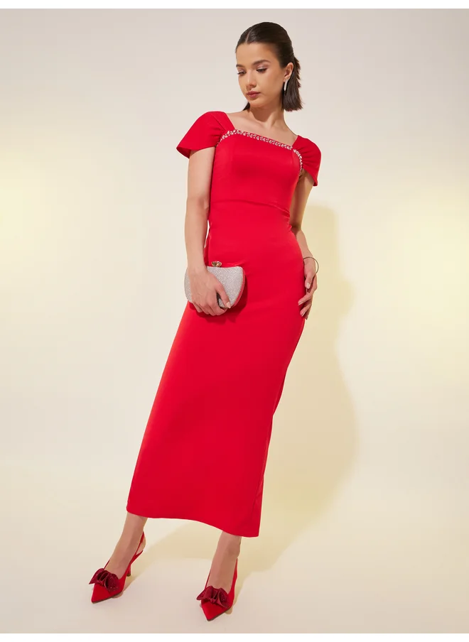 تايك تو Take Two Embellishment Trim Short Sleeve Sheath Maxi Dress
