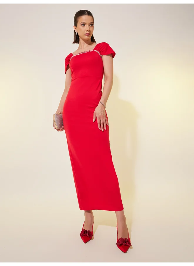 تايك تو Take Two Embellishment Trim Short Sleeve Sheath Maxi Dress