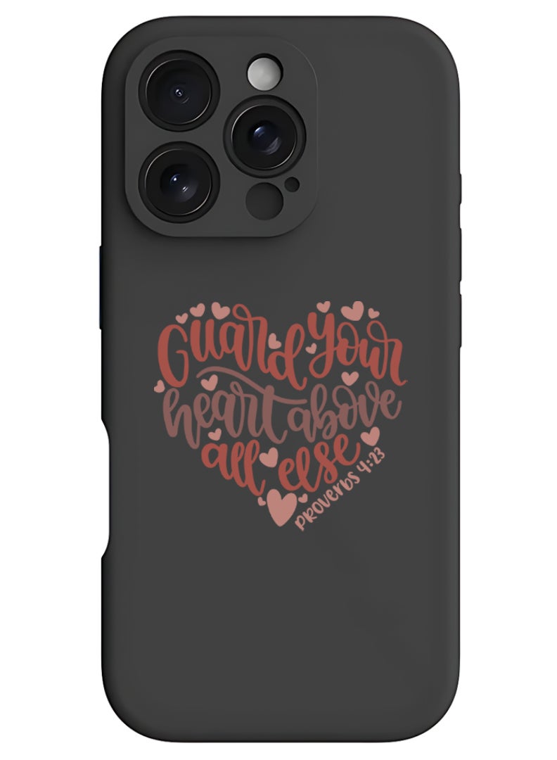 Theodor iPhone 16 Pro Black Protective Slim Fit Case Liquid Silicone Cover with Full Body Protection Anti-Scratch Shockproof Case For iPhone - Guard your heart above all else - Image 1