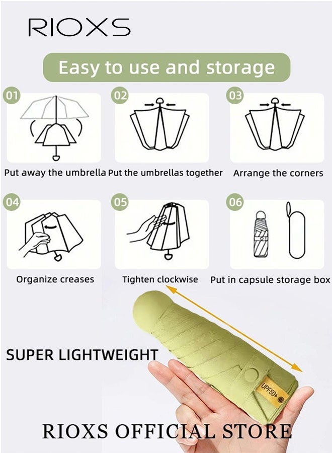 RIOXS Mini Sun Protection Umbrella for Women, 50% Off Black Vinyl Portable Compact Manual Umbrella for Sun and Rain, Ultra-Lightweight UV Protection with Strap, Green - Image 2