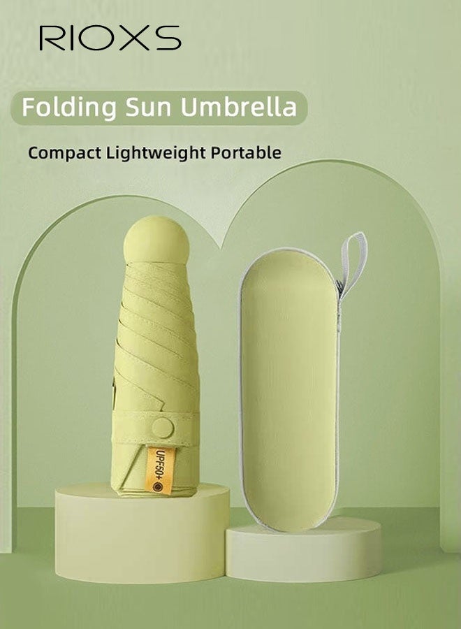 RIOXS Mini Sun Protection Umbrella for Women, 50% Off Black Vinyl Portable Compact Manual Umbrella for Sun and Rain, Ultra-Lightweight UV Protection with Strap, Green - Image 1