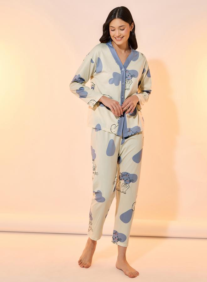 Take Two All Over Cat Print Shirt & Pyjama Set  - Image 1