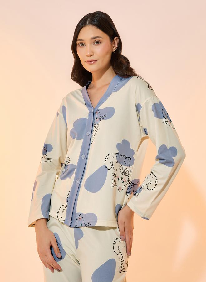 Take Two All Over Cat Print Shirt & Pyjama Set  - Image 2