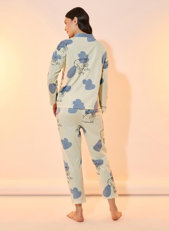 Take Two All Over Cat Print Shirt & Pyjama Set  - Image 5